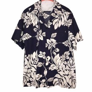 Vintage Hilo Hatties Blue White Floral Hawaiian Mens Shirt Size XL
